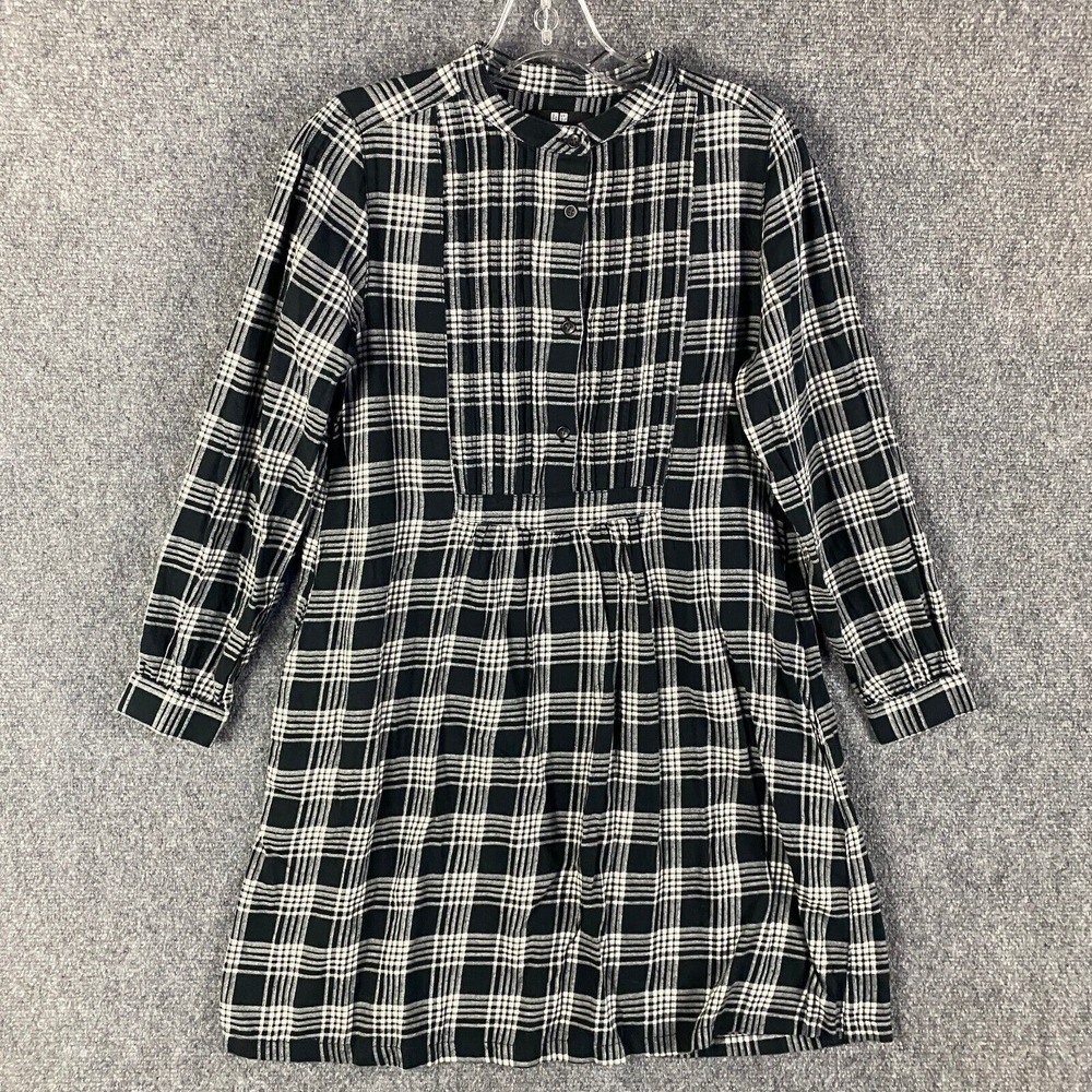 Uniqlo Dress Women's Small Shirt A-Line Plaid‎ Henley Long Sleeve 100% Cotton